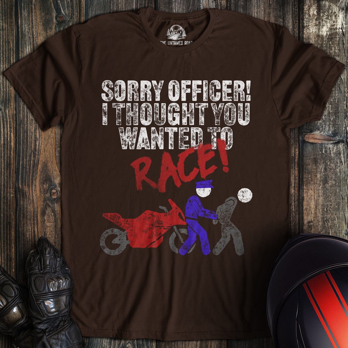 A dark chocolate colored t-shirt with the words "officer race" printed on the front.