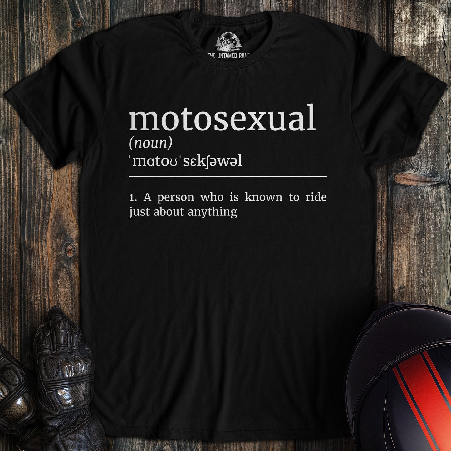 A black colored t-shirt with the words "motosexual definition" printed on the front.