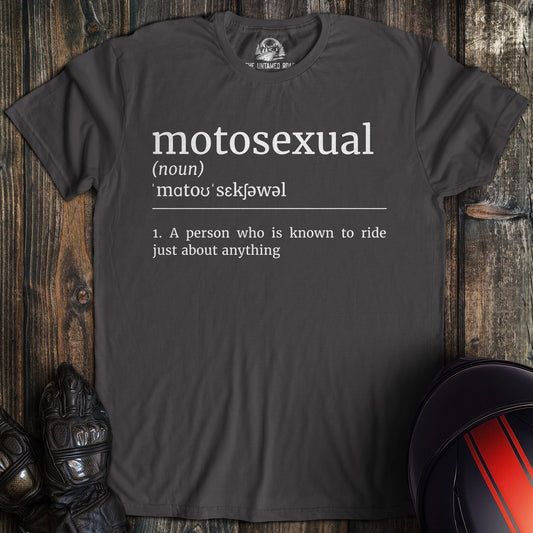 A charcoal colored t-shirt with the words "motosexual definition" printed on the front.