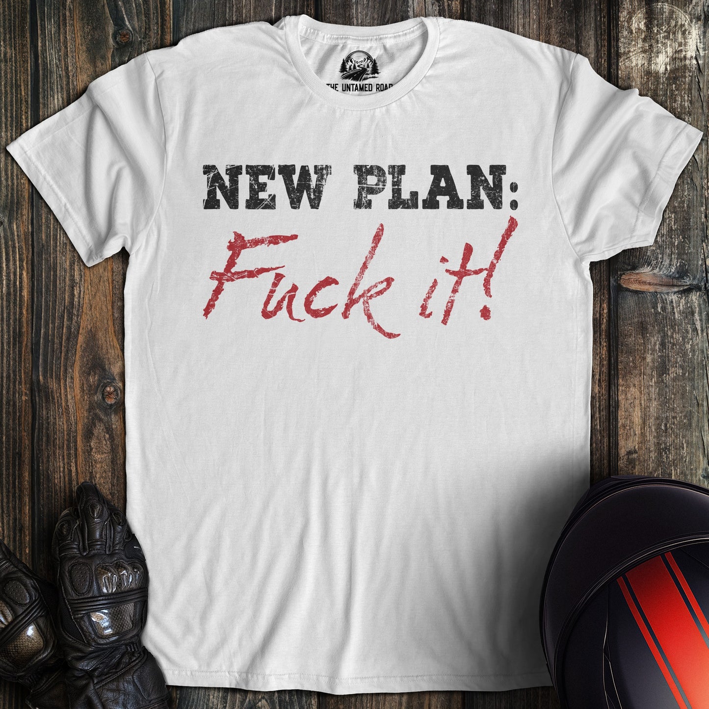 A white colored t-shirt with the words "new plan" printed on the front.