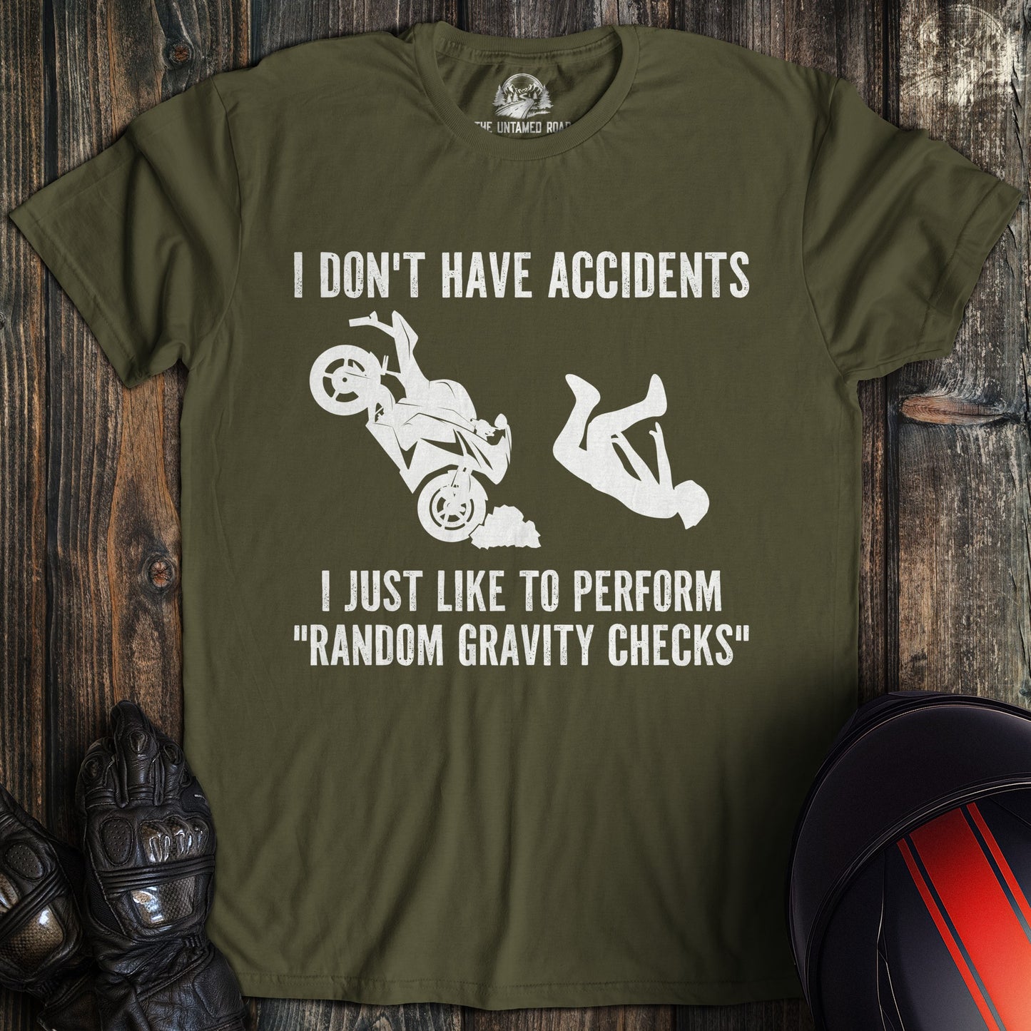 A military green colored t-shirt with the words "random gravity checks" printed on the front.