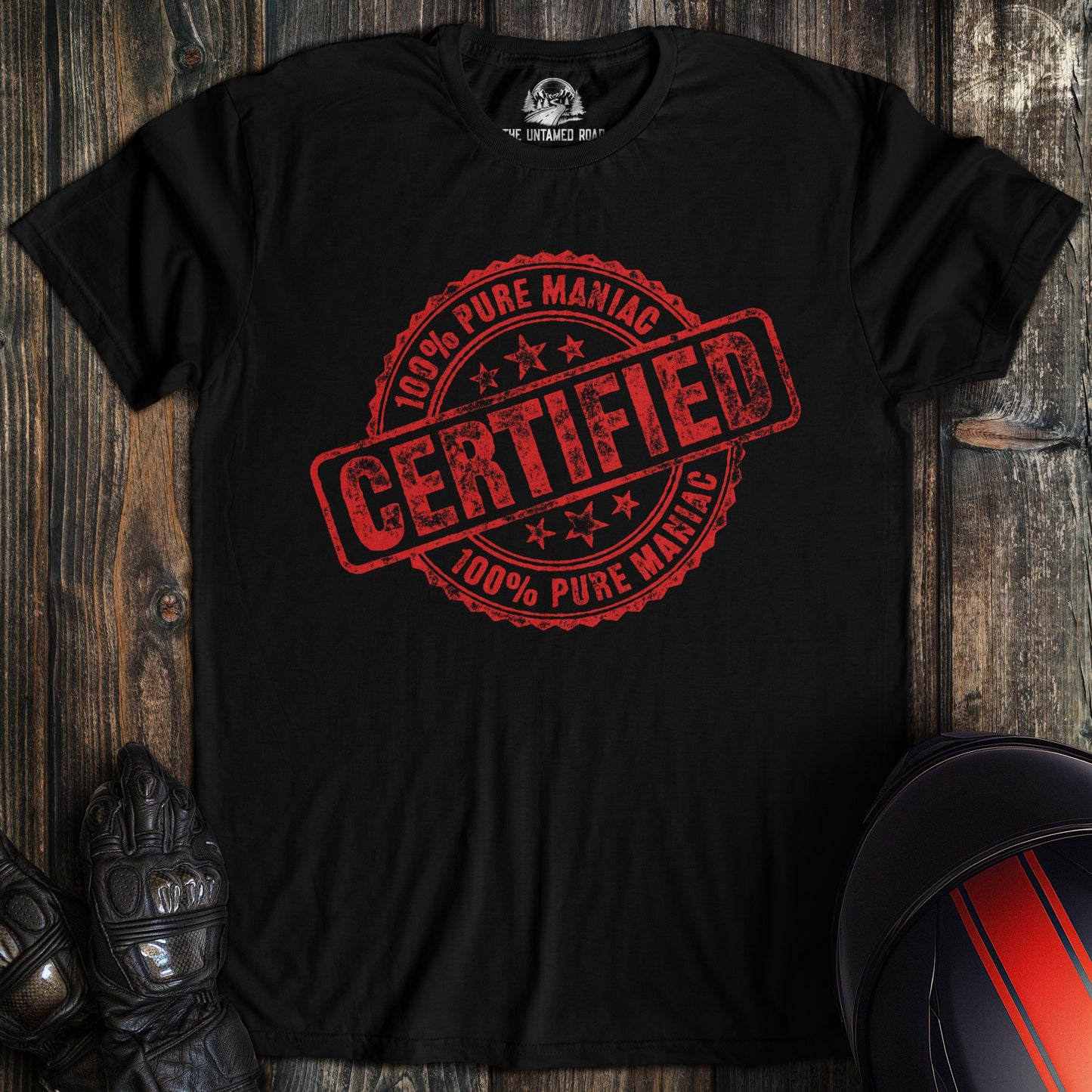 A black colored t-shirt with the words "certified" printed on the front.