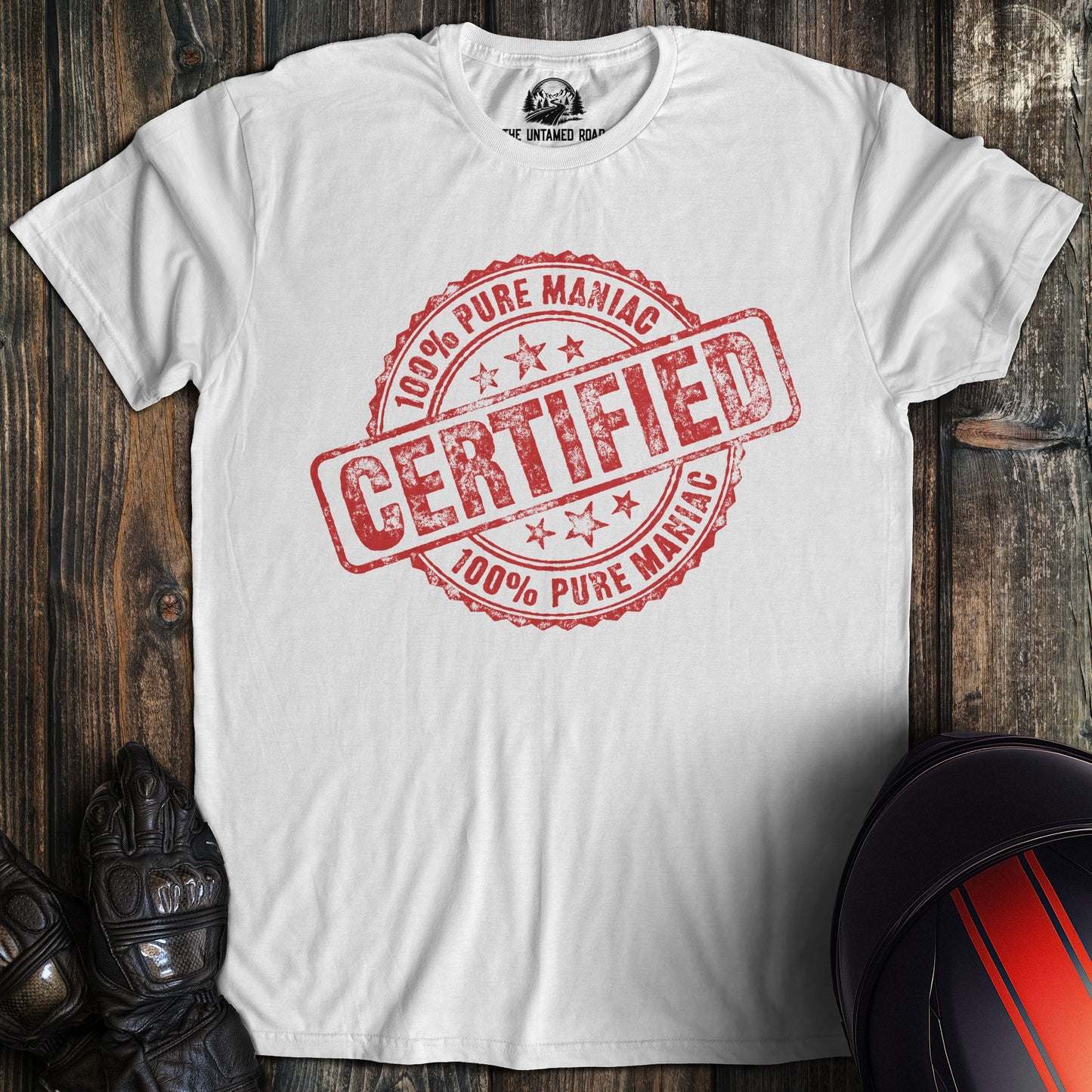 A white colored t-shirt with the words "certified" printed on the front.