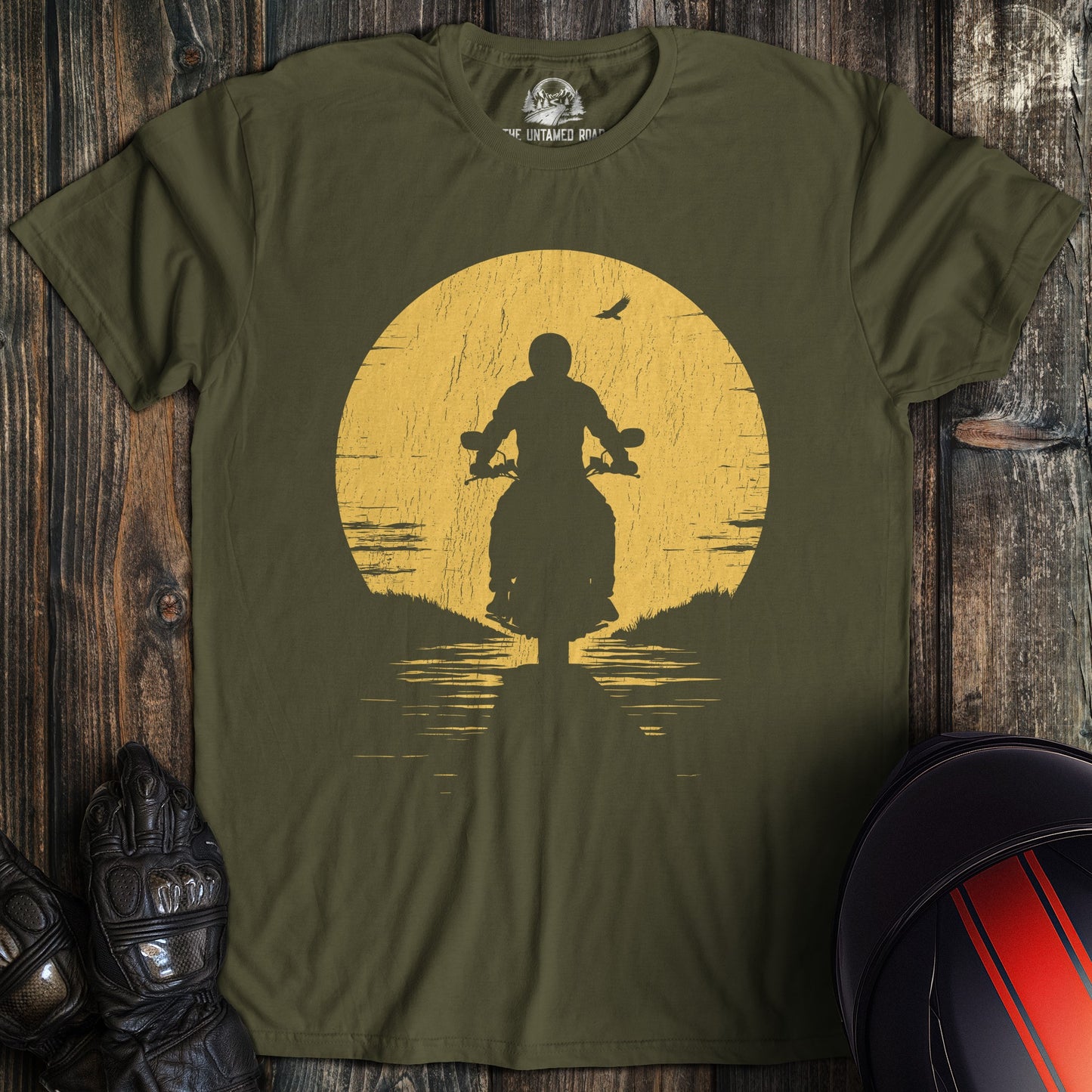 A military green colored t-shirt with the words "sunset" printed on the front.