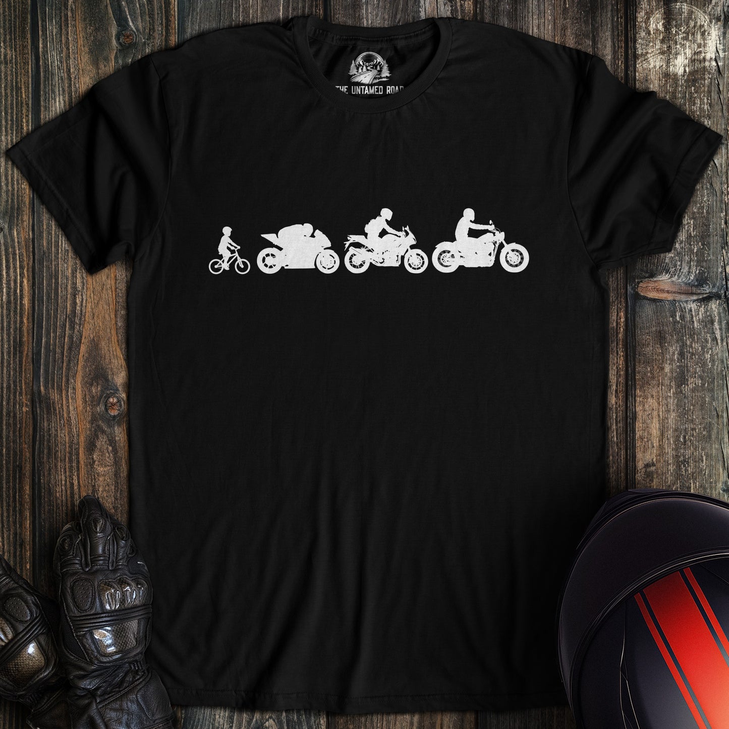 A black colored t-shirt with the words "biker evolution" printed on the front.