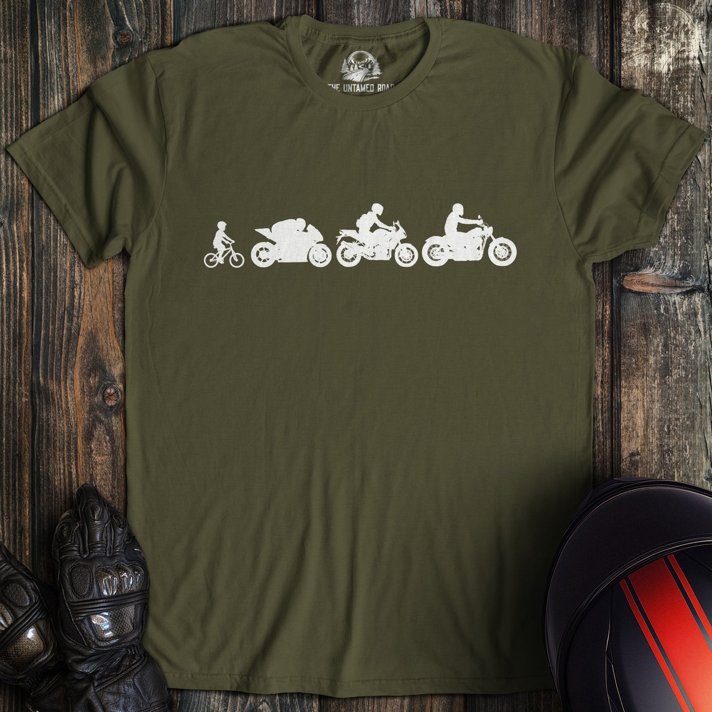 A military green colored t-shirt with the words "biker evolution" printed on the front.