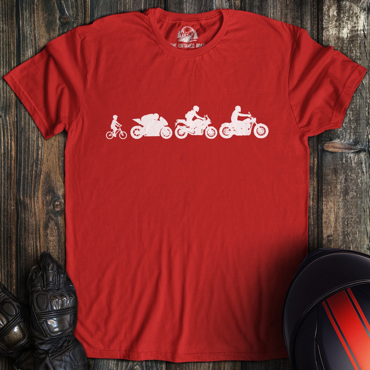 A red colored t-shirt with the words "biker evolution" printed on the front.