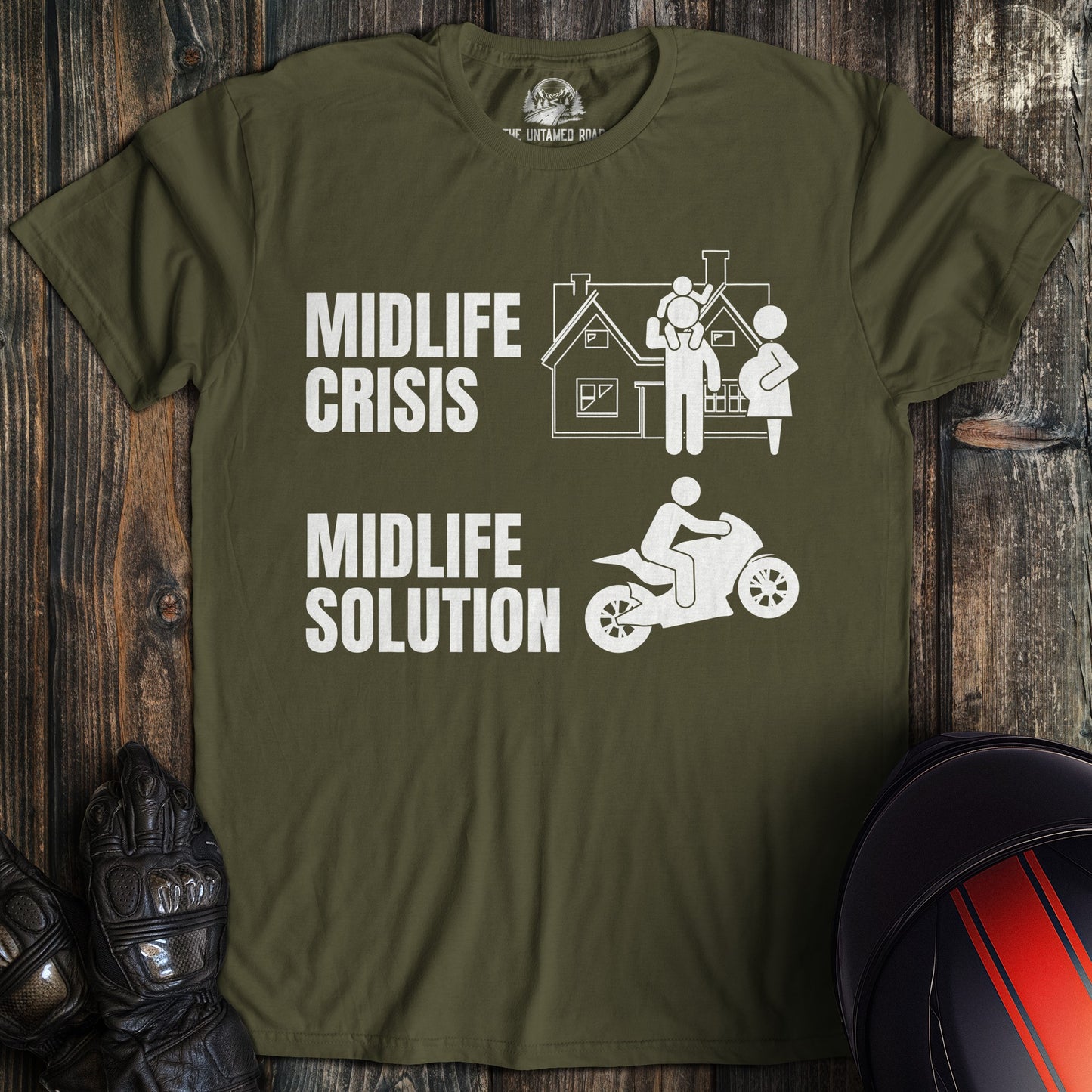 A military green colored t-shirt with the words "midlife crisis solution" printed on the front.