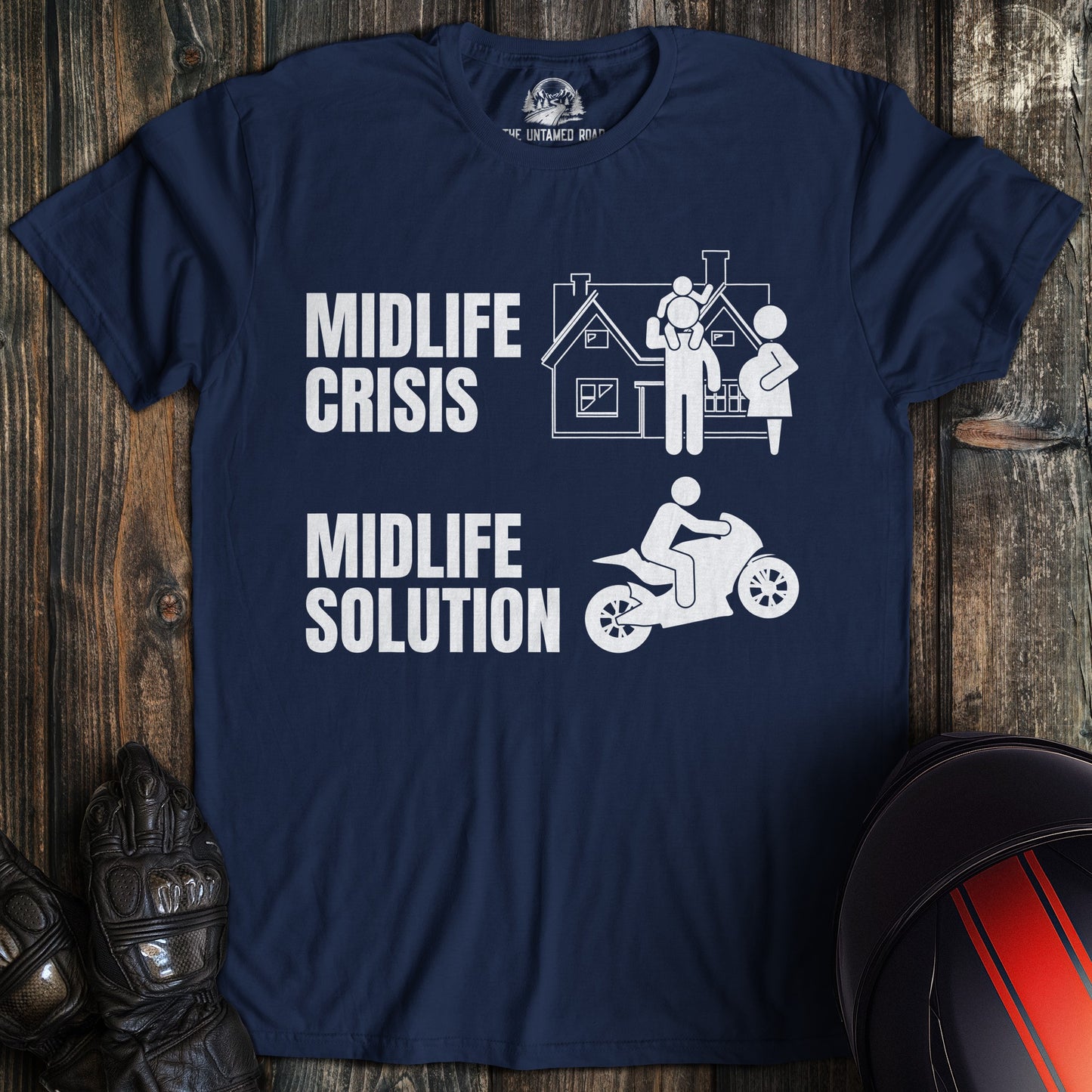 A navy colored t-shirt with the words "midlife crisis solution" printed on the front.