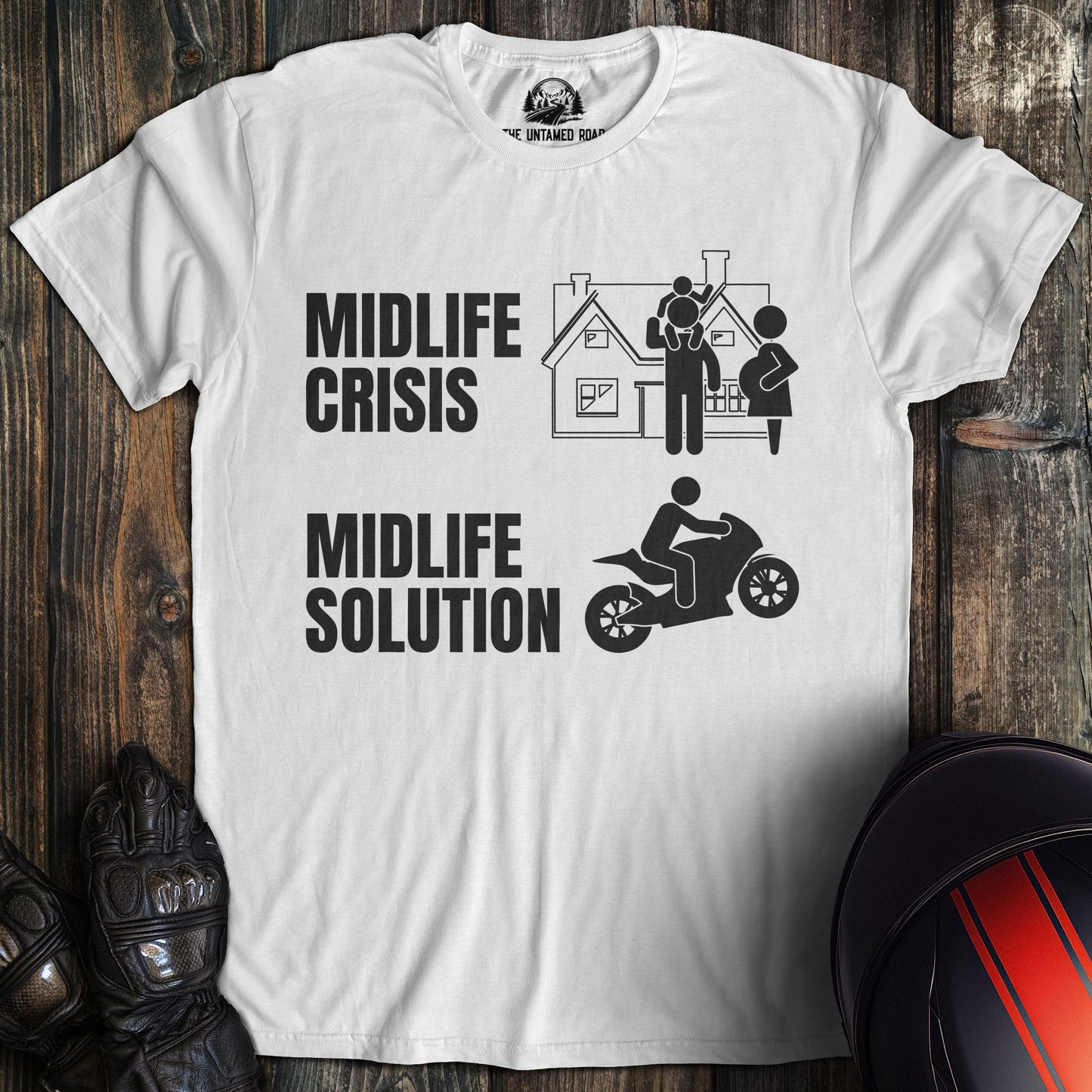 A white colored t-shirt with the words "midlife crisis solution" printed on the front.
