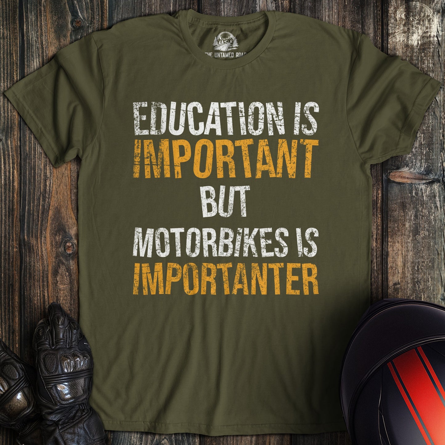 A military green colored t-shirt with the words "education is important" printed on the front.