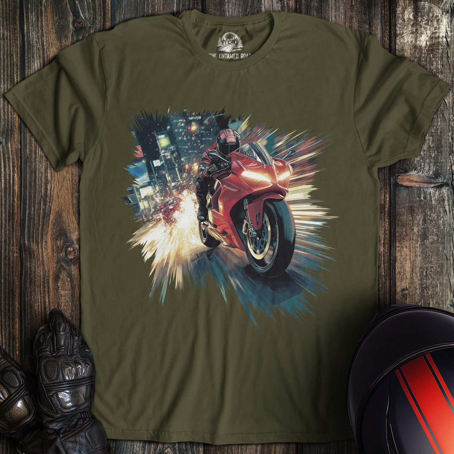 A military green colored t-shirt with the words "city duke" printed on the front.