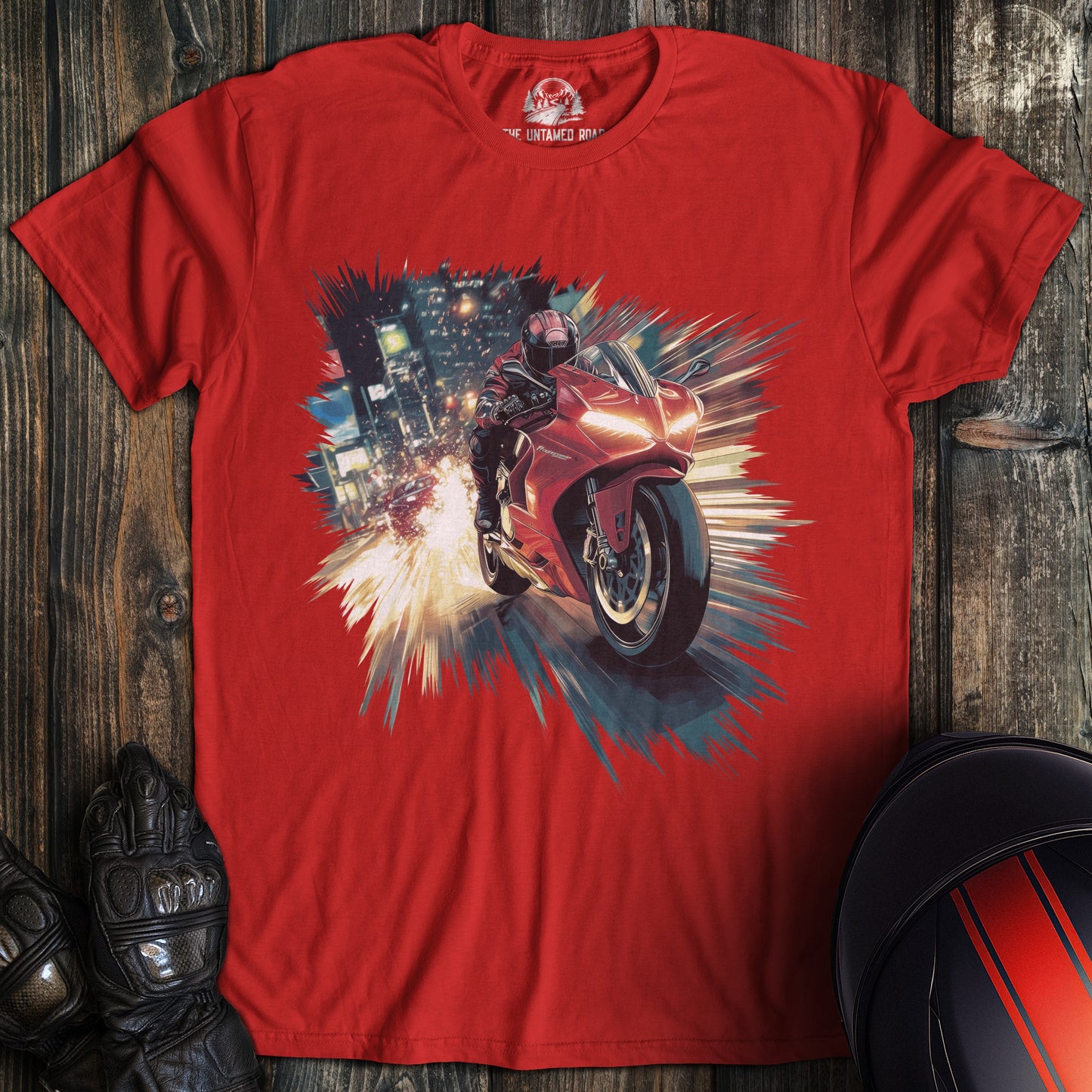 A red colored t-shirt with the words "city duke" printed on the front.