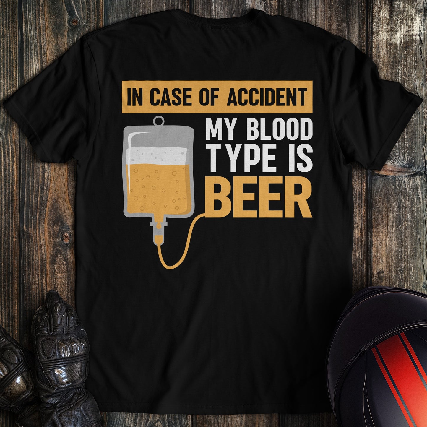 A black colored t-shirt with the words "blood type beer" printed on the back.