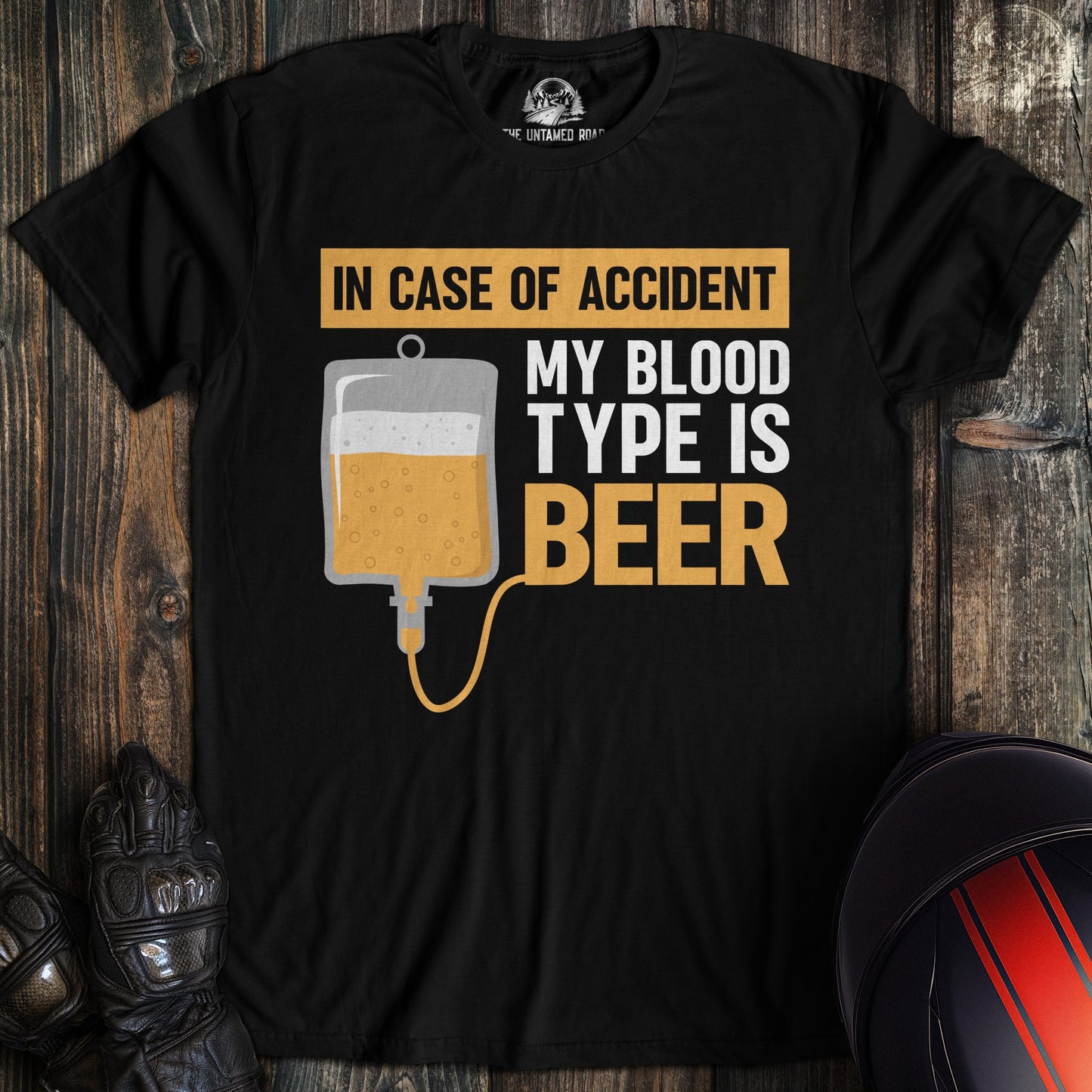 A black colored t-shirt with the words "blood type beer" printed on the front.