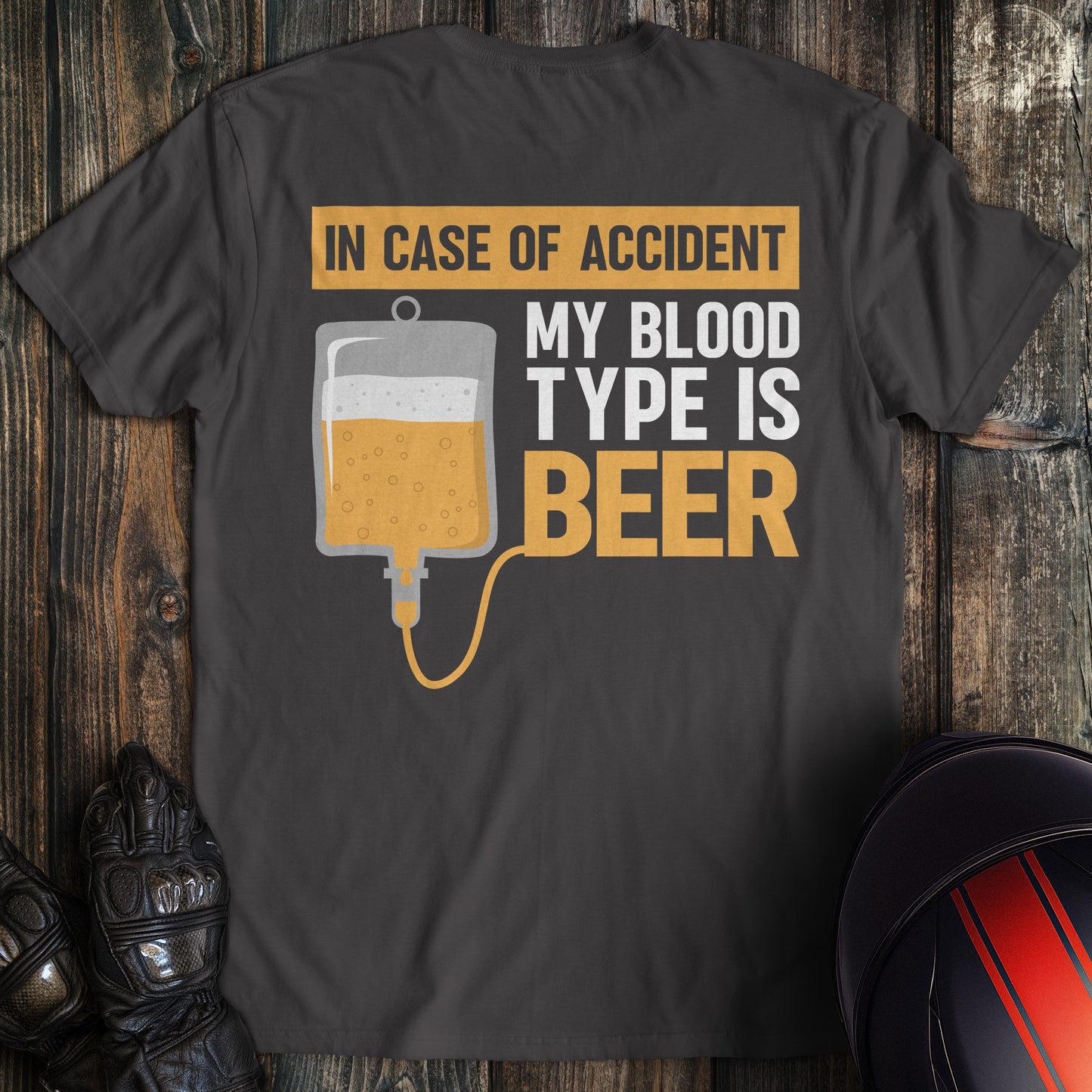 A charcoal colored t-shirt with the words "blood type beer" printed on the back.