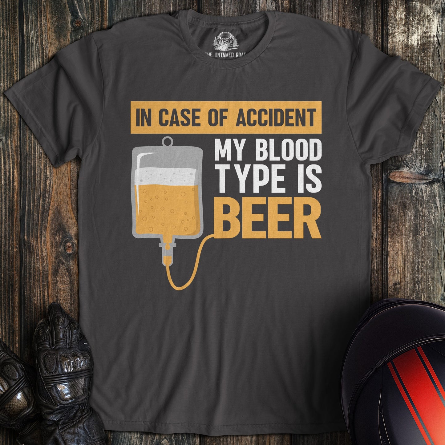 A charcoal colored t-shirt with the words "blood type beer" printed on the front.