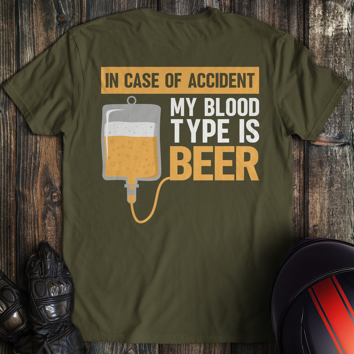A military green colored t-shirt with the words "blood type beer" printed on the back.
