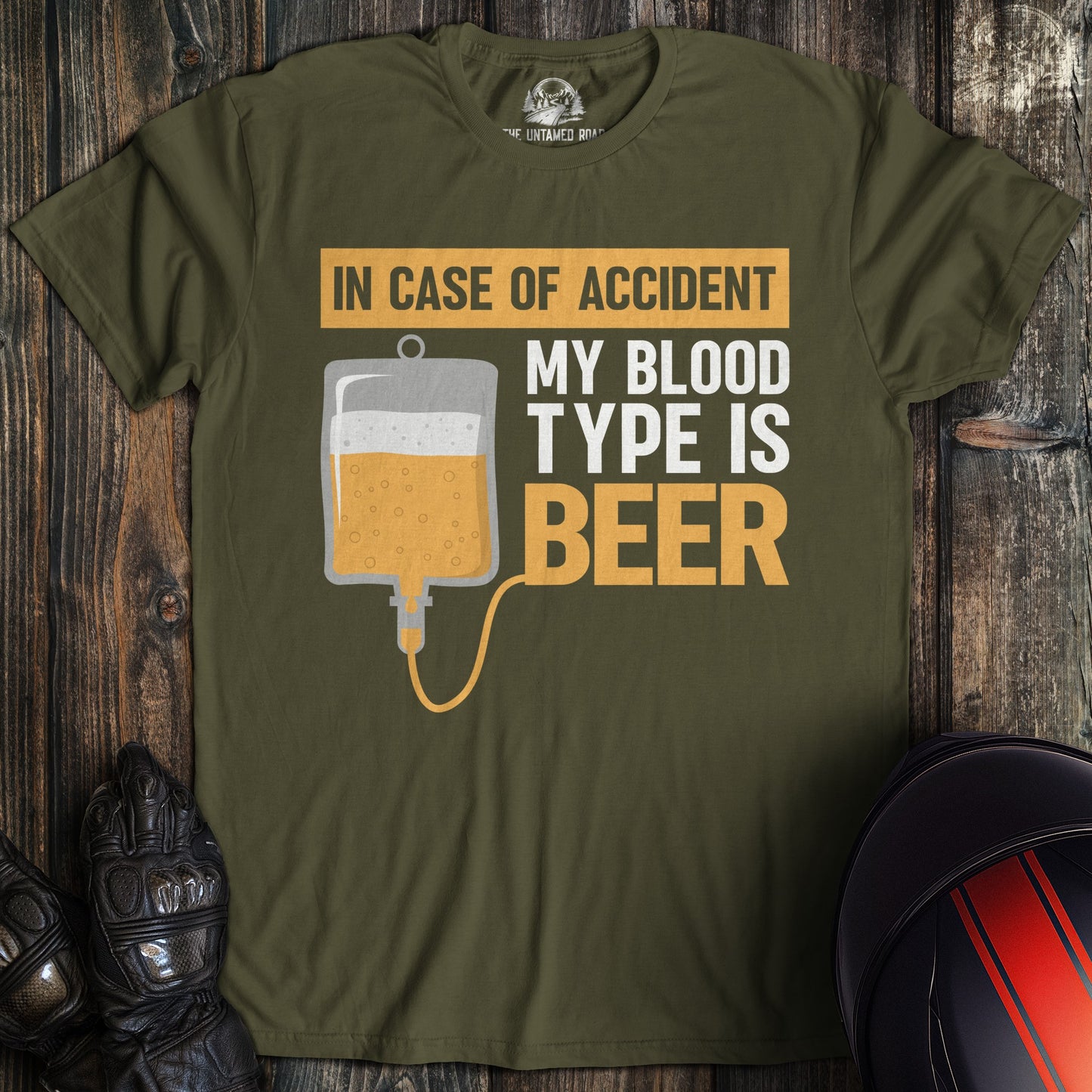 A military green colored t-shirt with the words "blood type beer" printed on the front.
