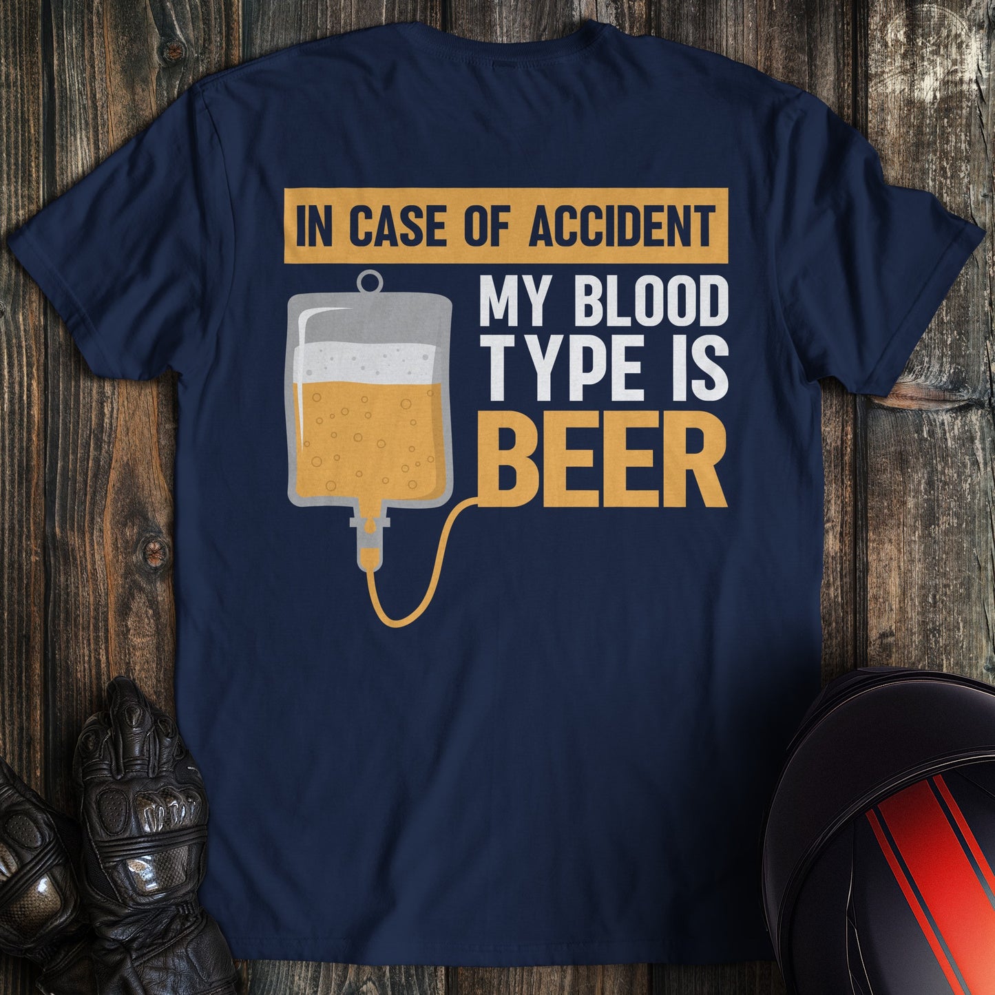 A navy colored t-shirt with the words "blood type beer" printed on the back.