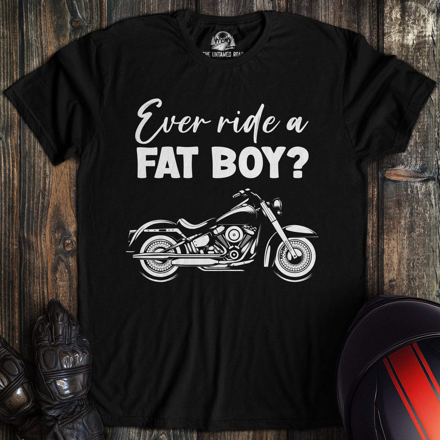A black colored t-shirt with the words "ever ride afat boy" printed on the front.