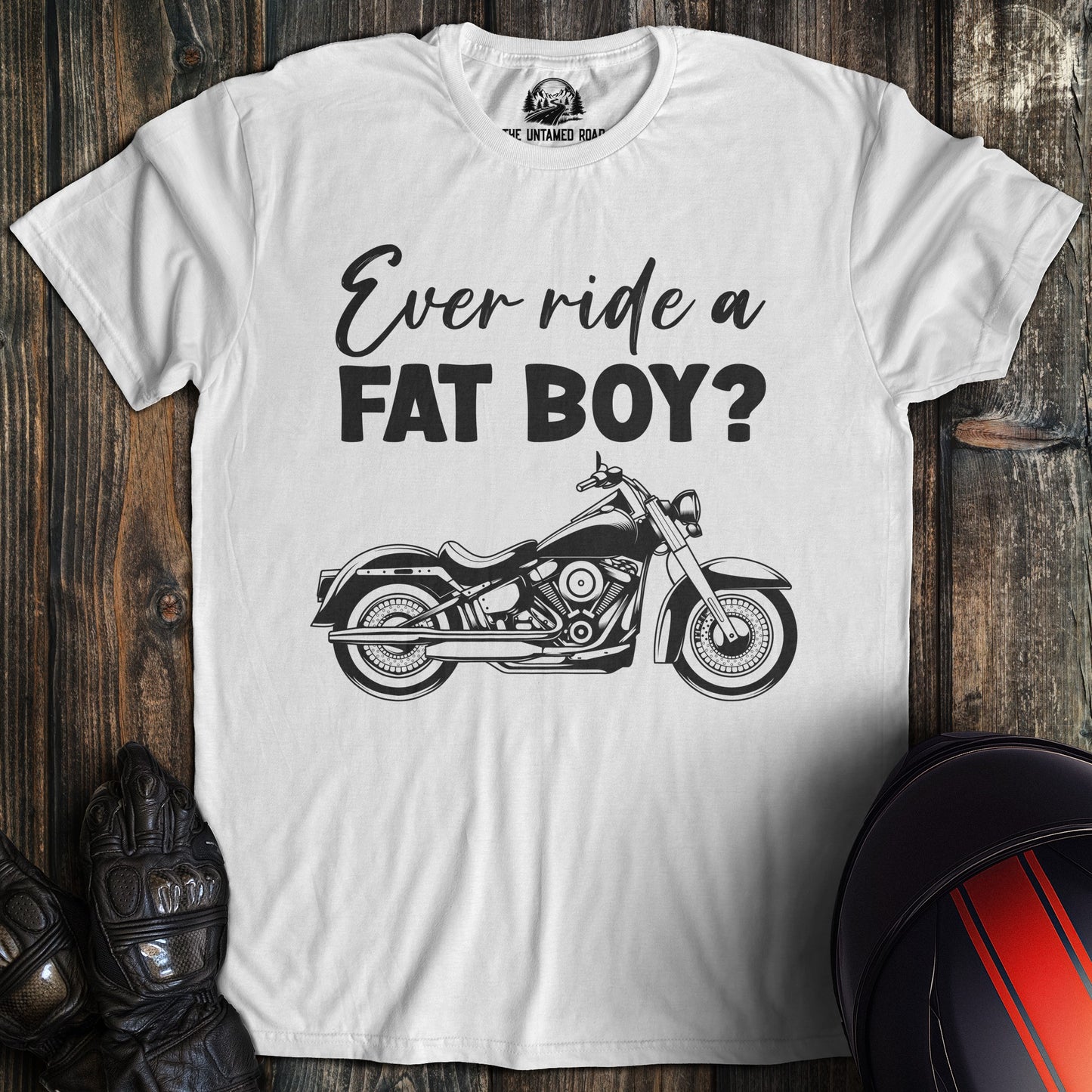 A white colored t-shirt with the words "ever ride afat boy" printed on the front.