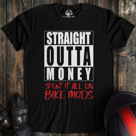 A black colored t-shirt with the words "straight outta money" printed on the front.