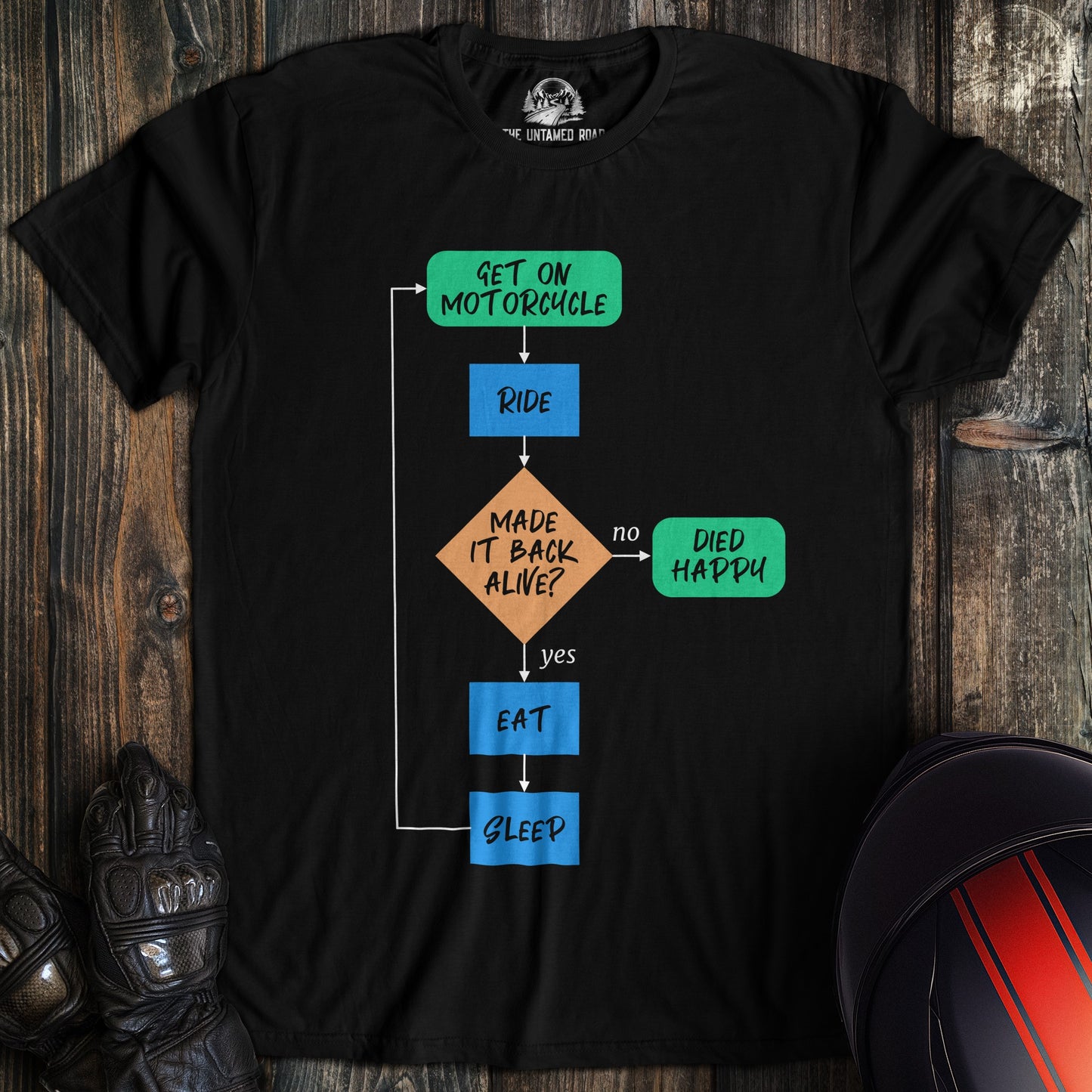 A black colored t-shirt with the words "died happy flow chart" printed on the front.