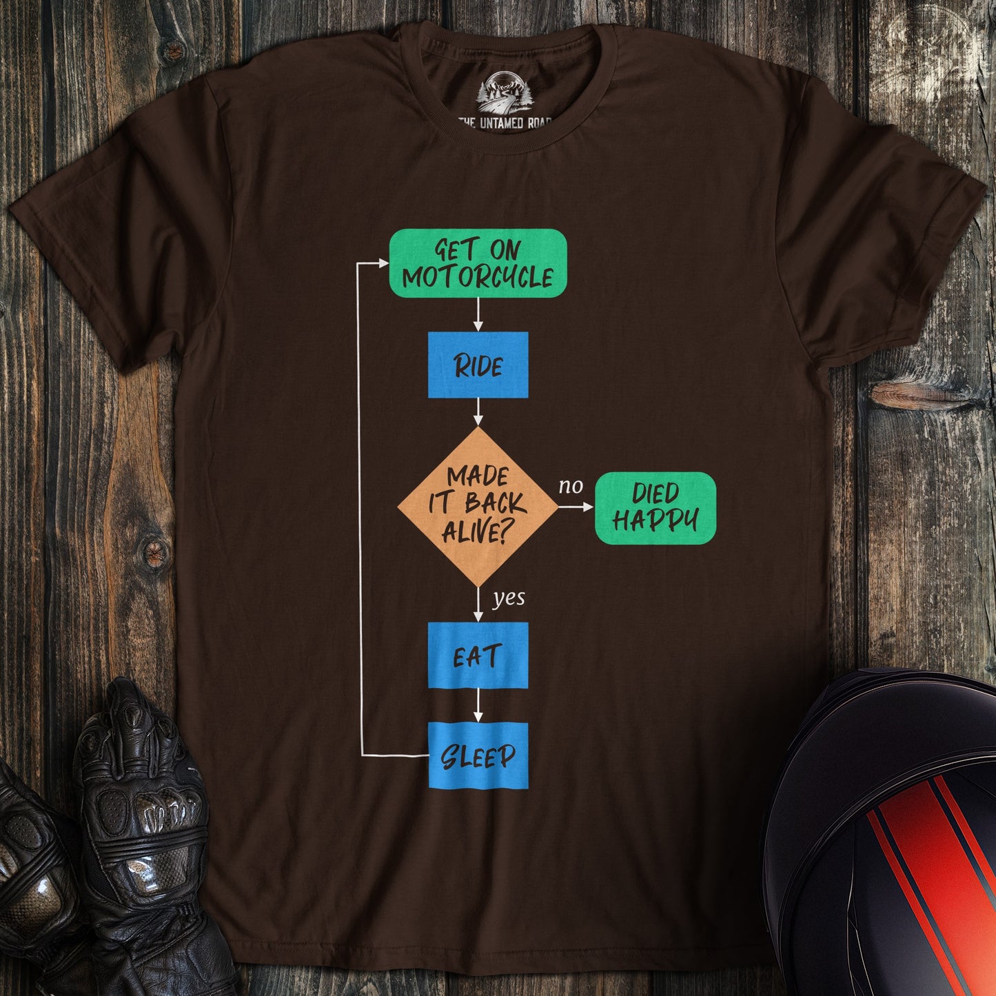 A dark chocolate colored t-shirt with the words "died happy flow chart" printed on the front.