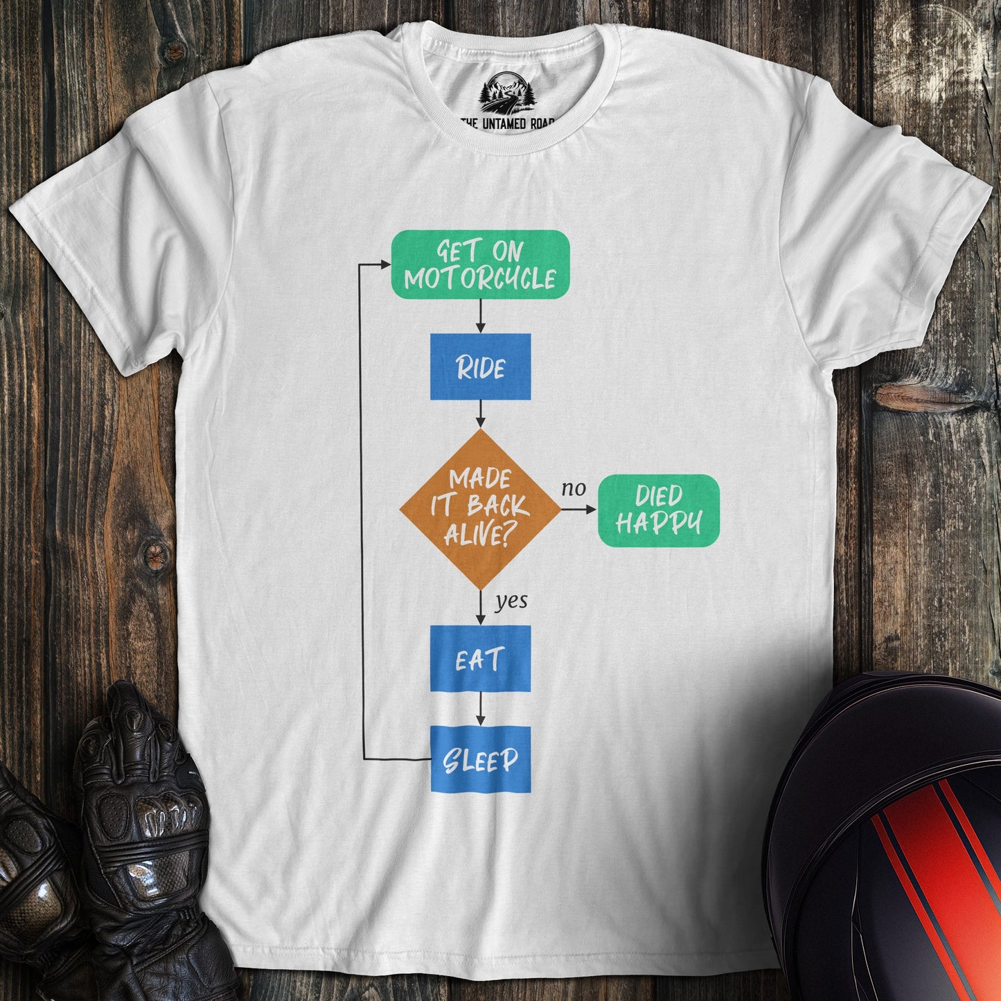 A white colored t-shirt with the words "died happy flow chart" printed on the front.