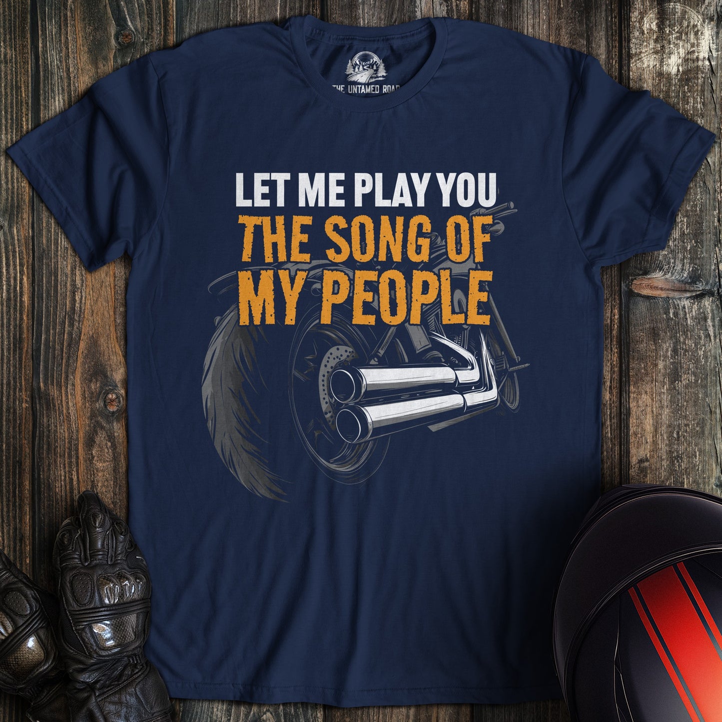 A navy colored t-shirt with the words "song of my people" printed on the front.
