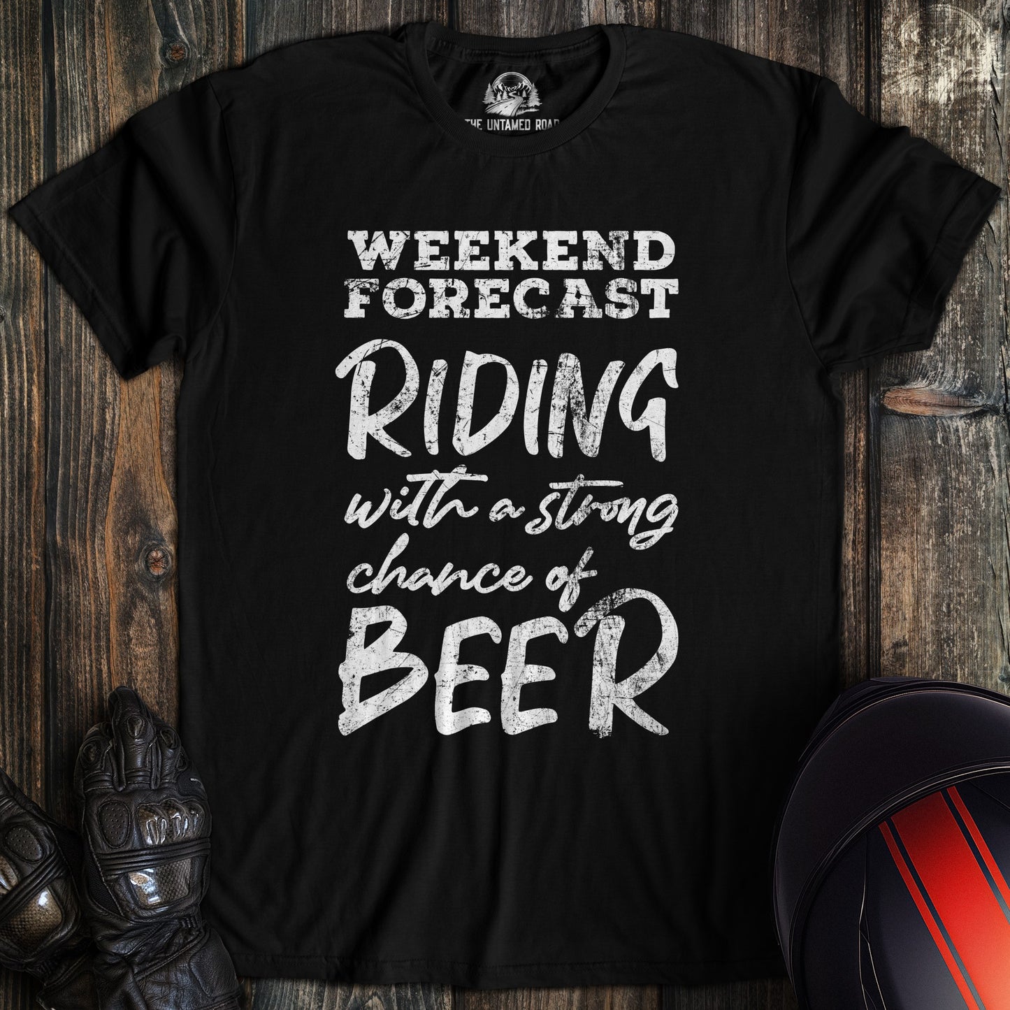 A black colored t-shirt with the words "weekend forecast" printed on the front.