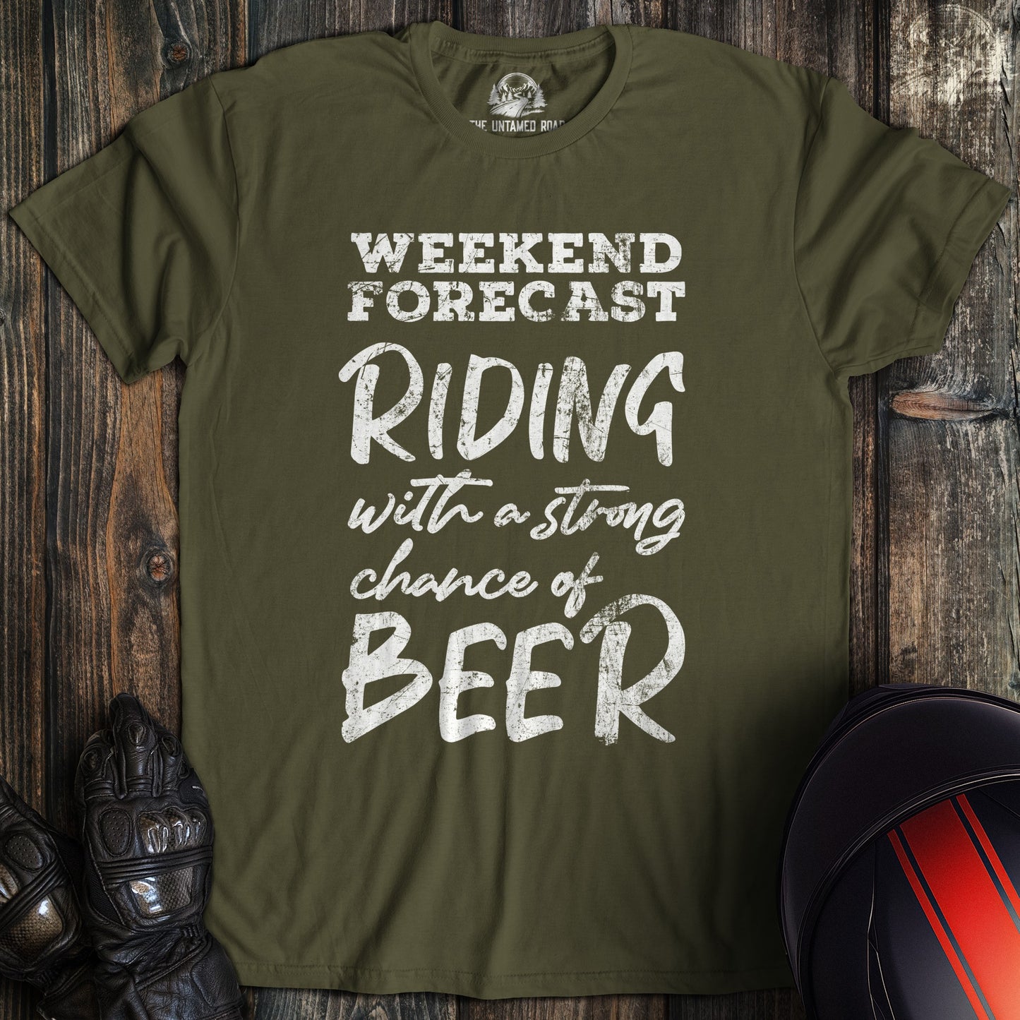 A military green colored t-shirt with the words "weekend forecast" printed on the front.
