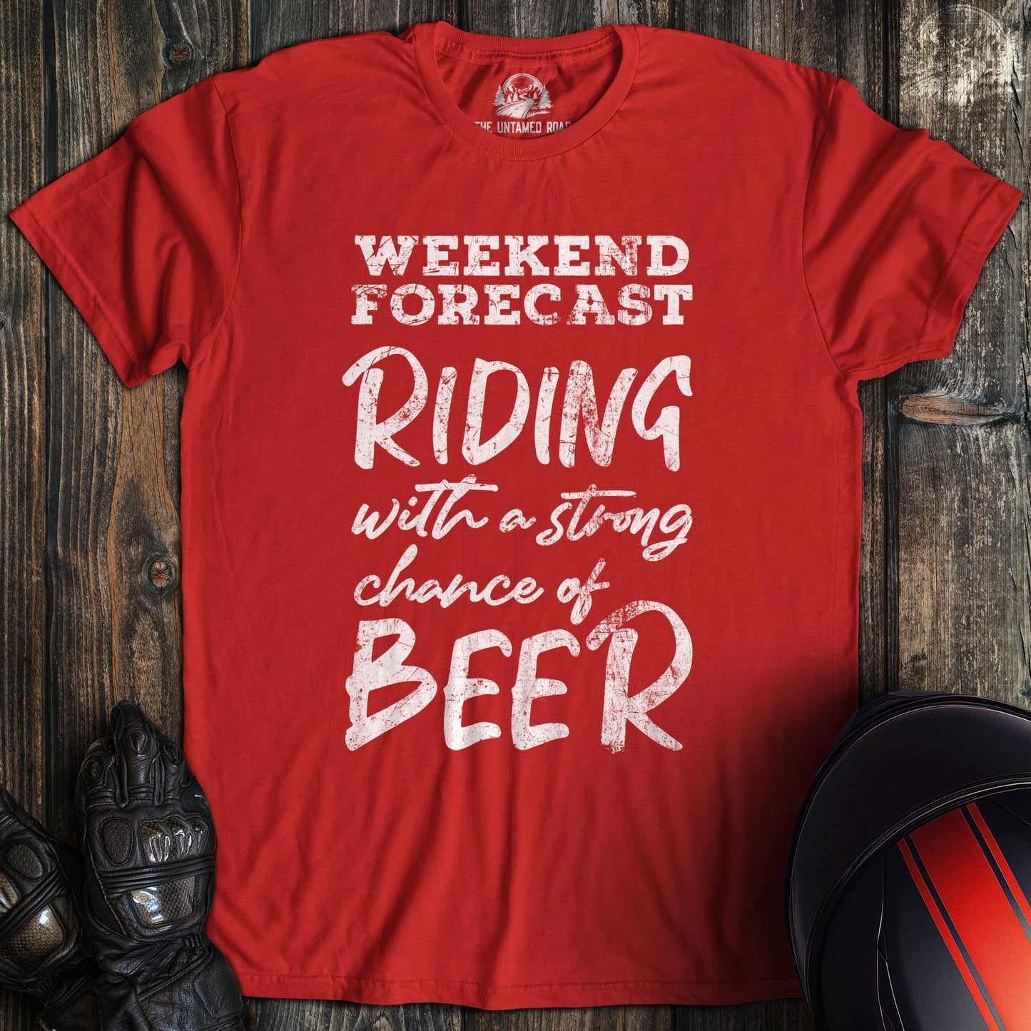 A red colored t-shirt with the words "weekend forecast" printed on the front.