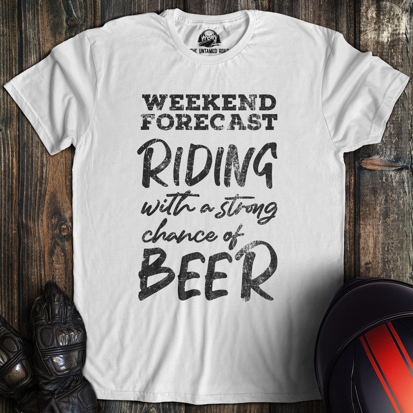 A white colored t-shirt with the words "weekend forecast" printed on the front.