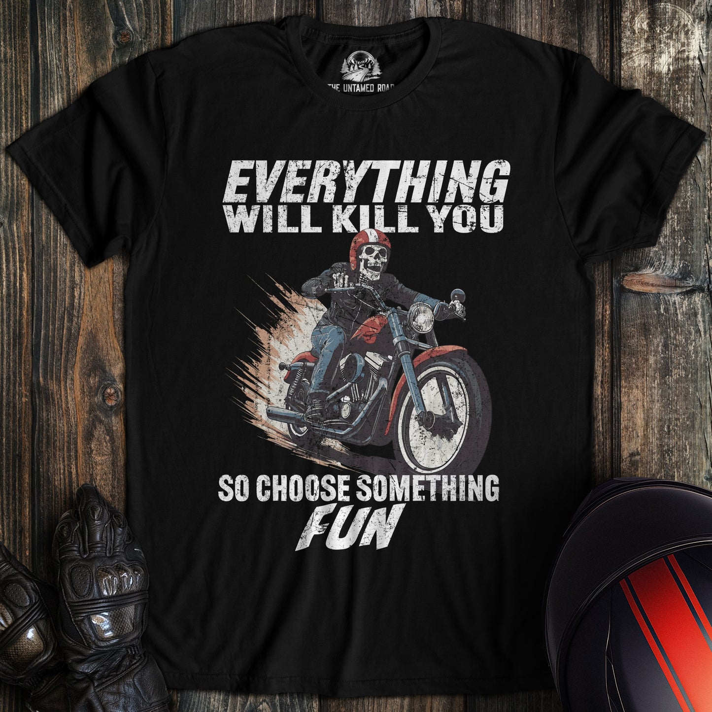 A black colored t-shirt with the words "everything will kill you" printed on the front.