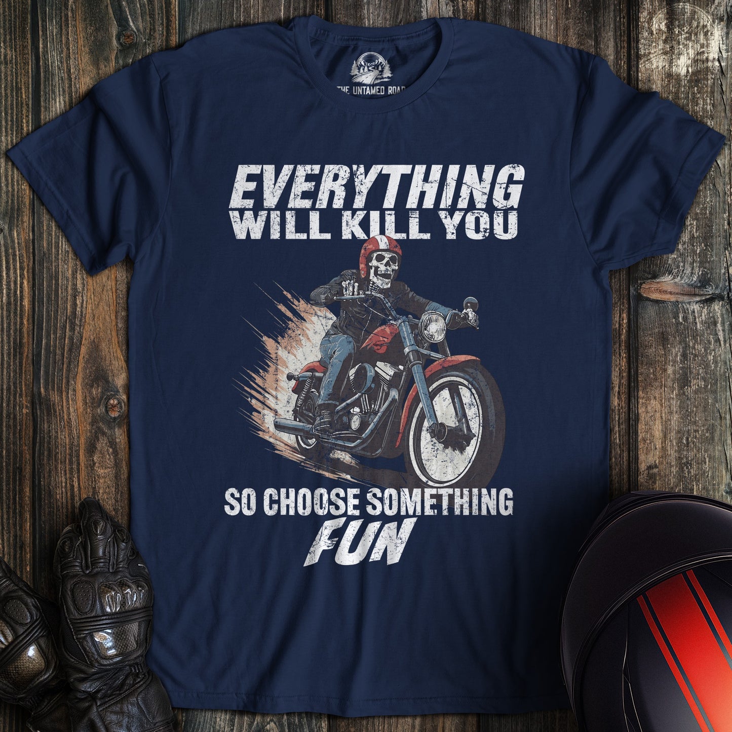 A navy colored t-shirt with the words "everything will kill you" printed on the front.
