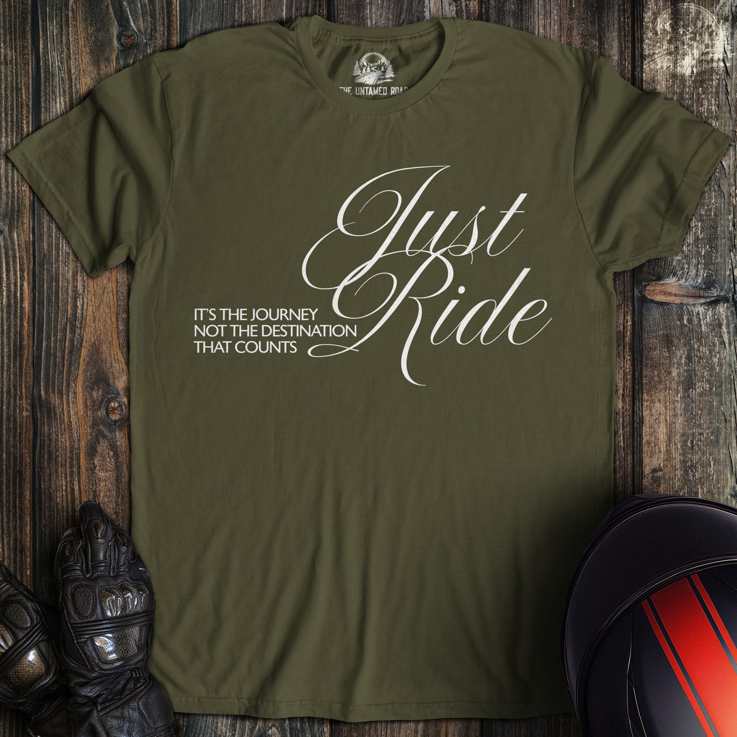 A military green colored t-shirt with the words "journey not destination" printed on the front.