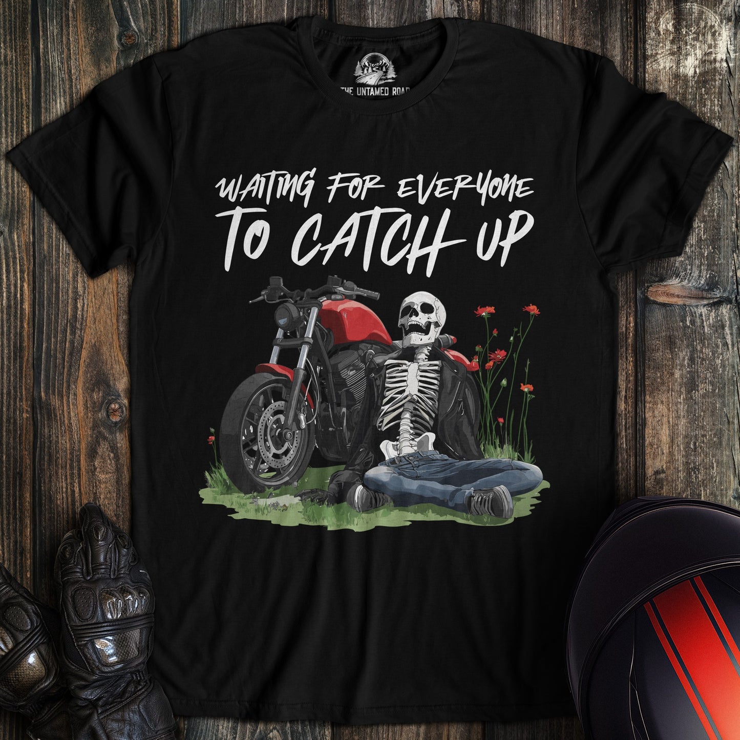 A black colored t-shirt with the words "waiting for everyone" printed on the front.