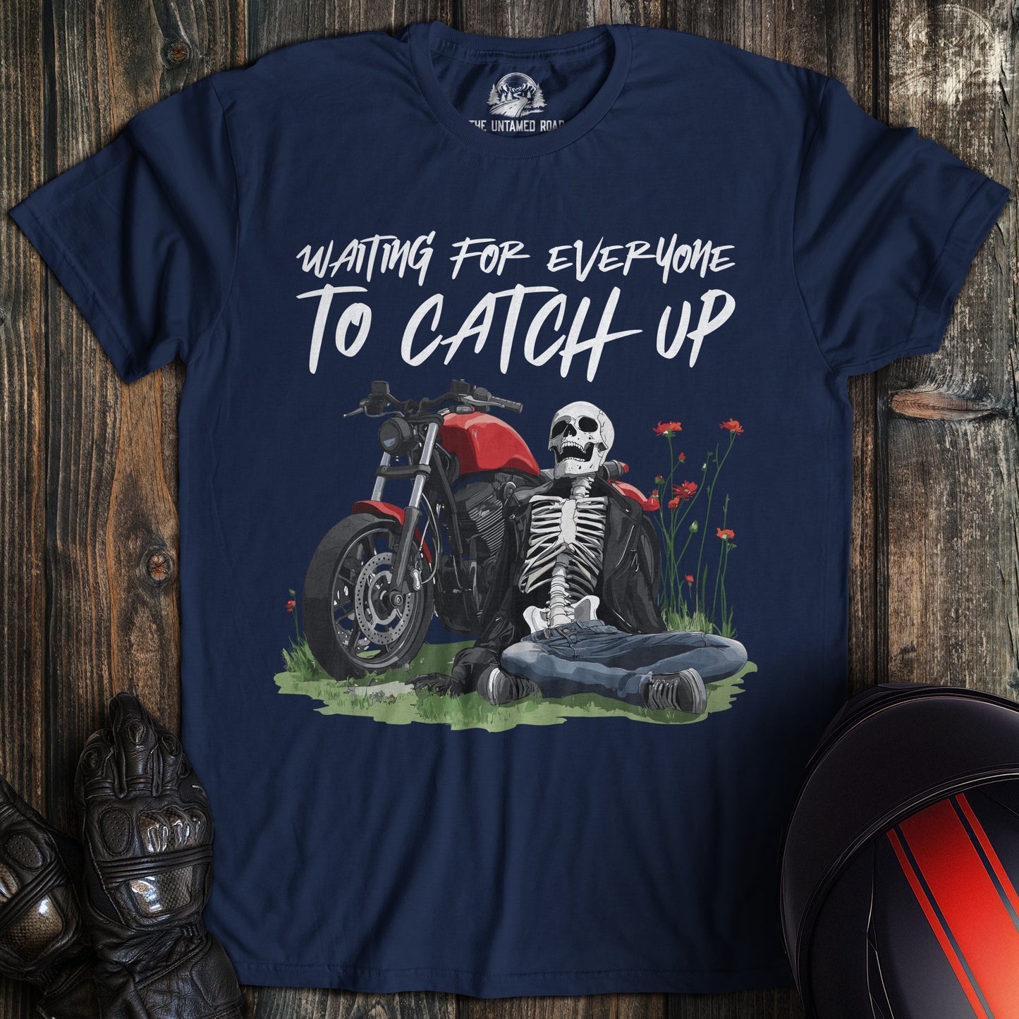 A navy colored t-shirt with the words "waiting for everyone" printed on the front.