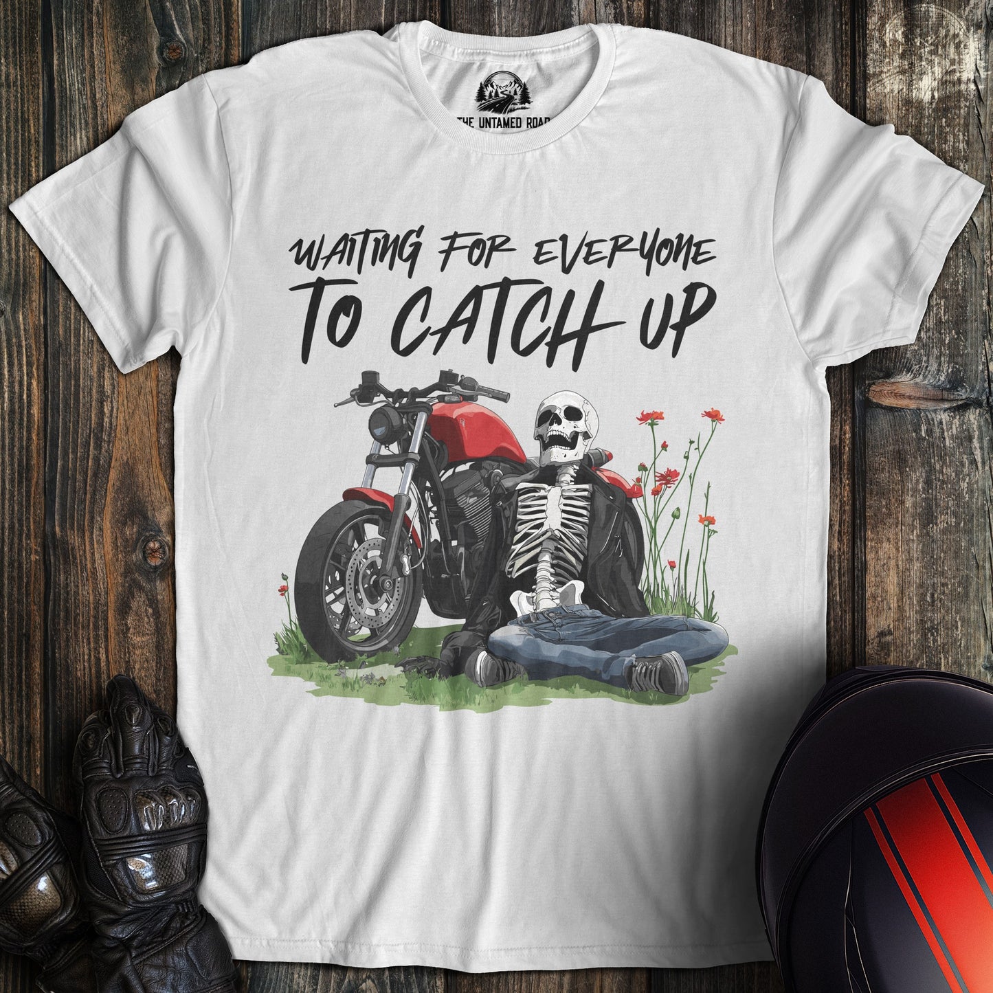A white colored t-shirt with the words "waiting for everyone" printed on the front.