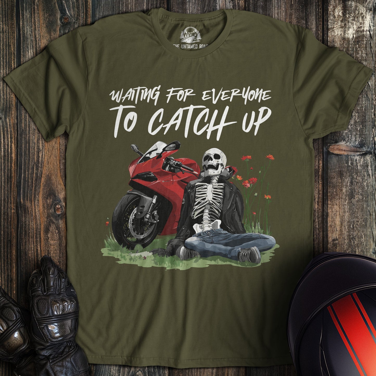 A military green colored t-shirt with the words "waiting for everyone 02" printed on the front.