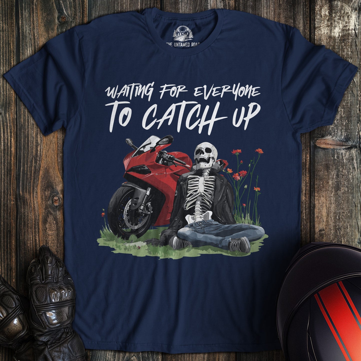 A navy colored t-shirt with the words "waiting for everyone 02" printed on the front.