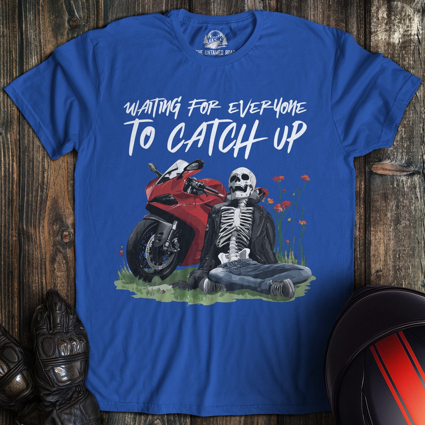 A royal blue colored t-shirt with the words "waiting for everyone 02" printed on the front.