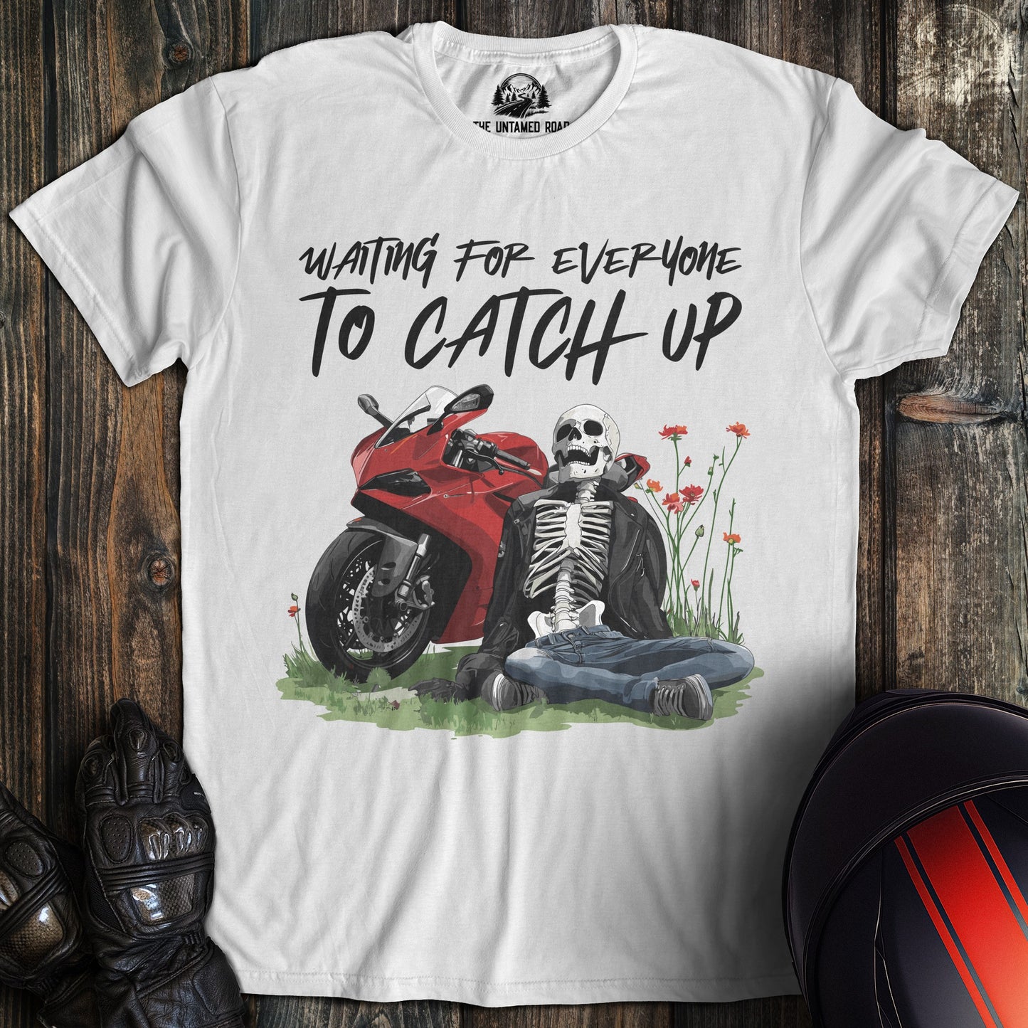 A white colored t-shirt with the words "waiting for everyone 02" printed on the front.