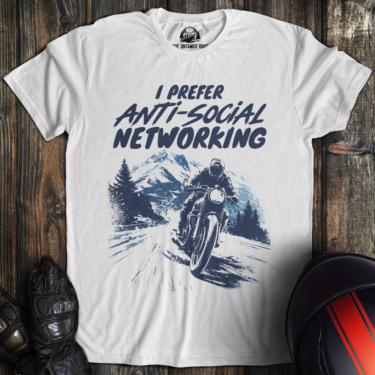 A white colored t-shirt with the words "anti social networking 01" printed on the front.