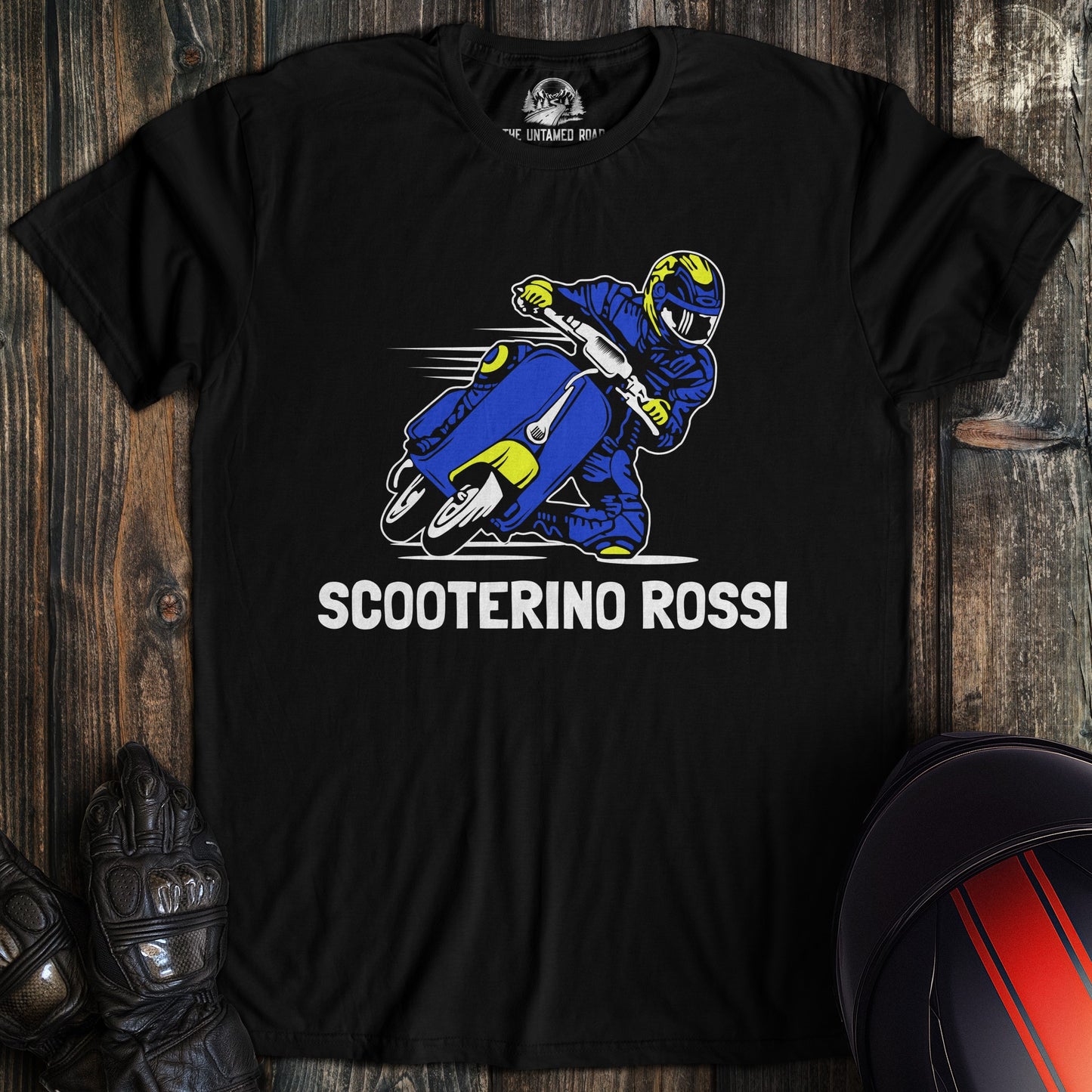 A black colored t-shirt with the words "scooterino rossi" printed on the front.