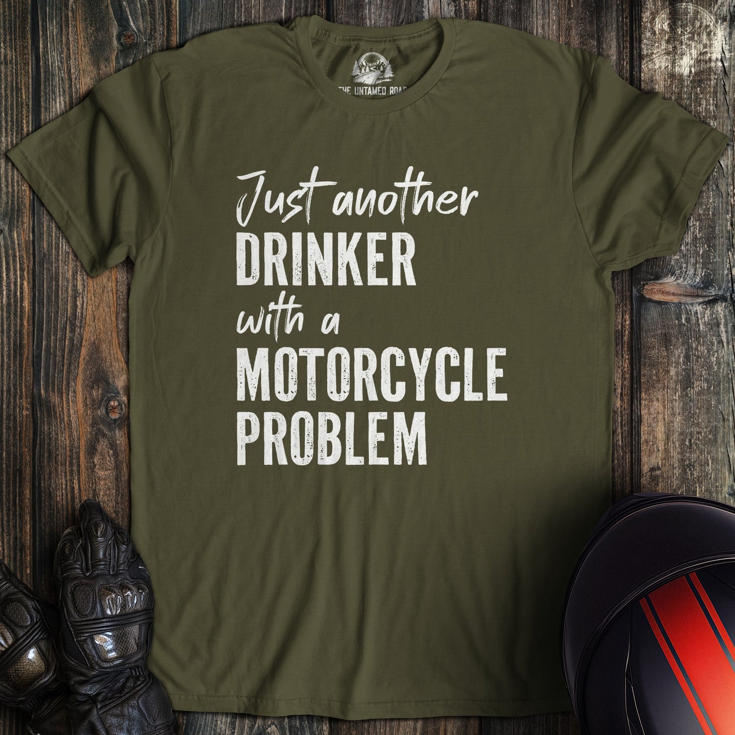 A military green colored t-shirt with the words "drinker with problem" printed on the front.