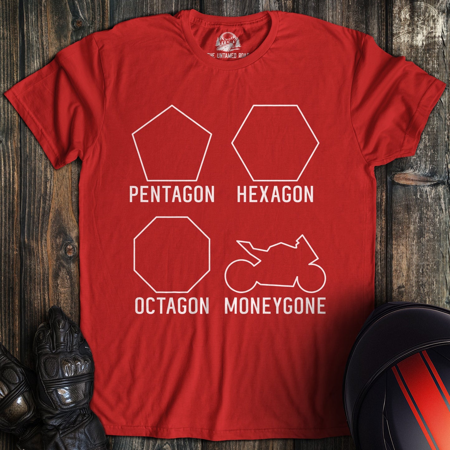 A red colored t-shirt with the words "moneygone" printed on the front.