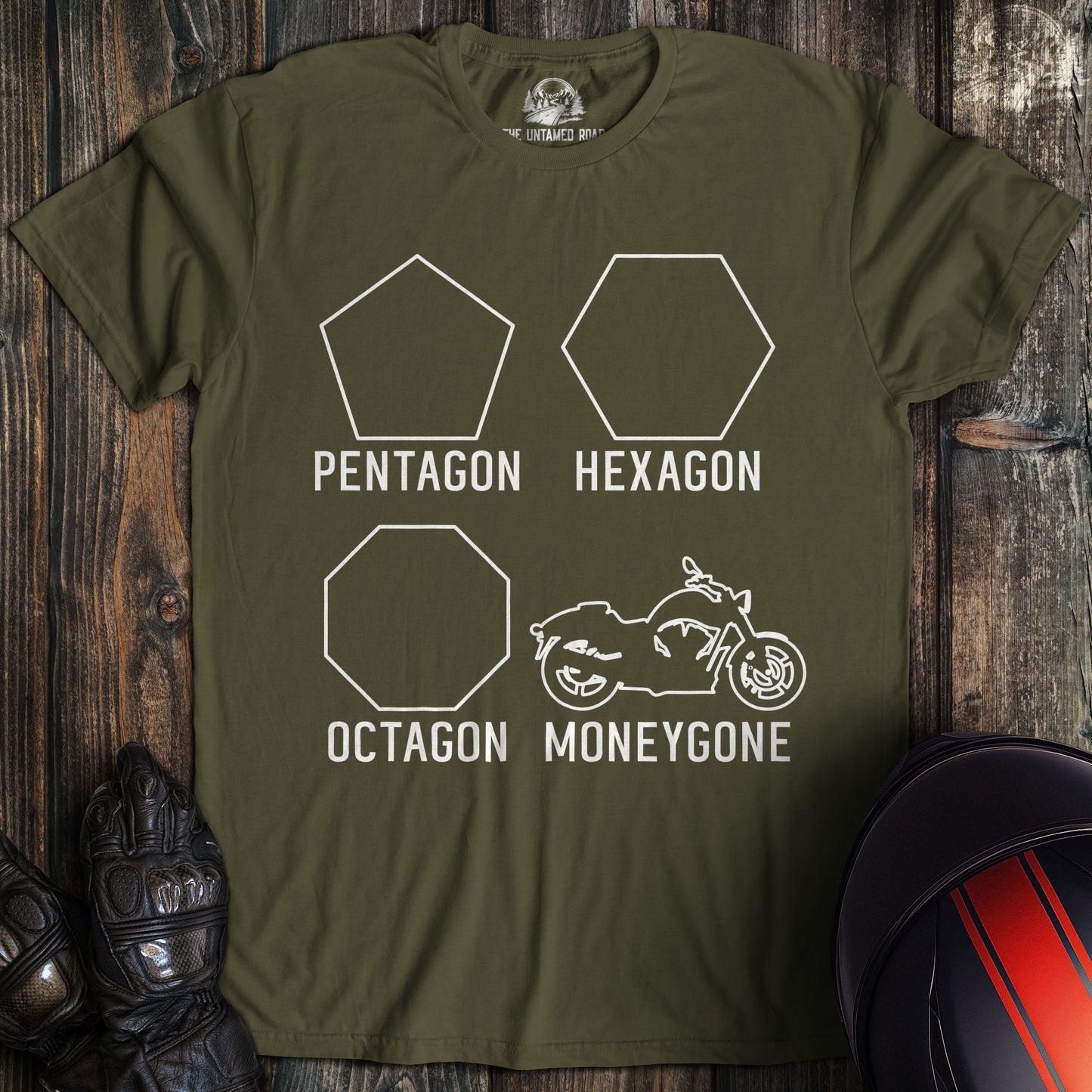 A military green colored t-shirt with the words "moneygone harley" printed on the front.